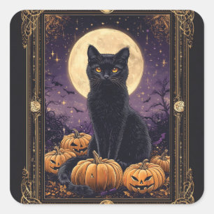 Halloween-Tarot-Karte mit schwarzer Katze Quadratischer Aufkleber