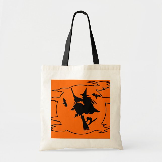 Halloween-Taschentasche mit Hexe auf Besenentwurf Tragetasche (Vorne)