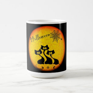 Halloween Tasse/Mond, Schwarze Katzen, Spinnen und Kaffeetasse