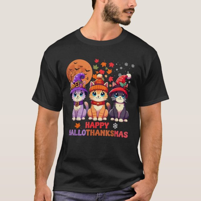 Halloween Thanksgiving Christmas Happy HalloThanks T-Shirt (Vorderseite)