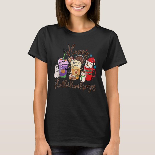 Halloween Thanksgiving Christmas Happy Hallothanks T-Shirt (Vorderseite)