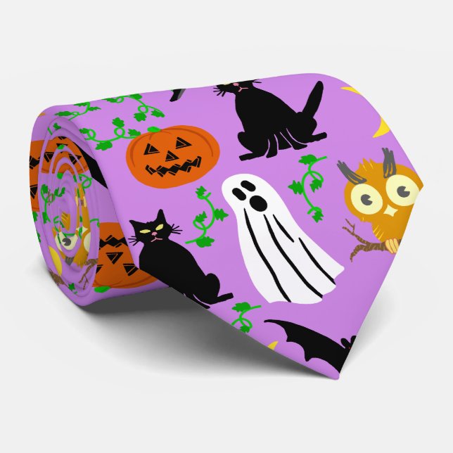 Halloween Theme Collage Toss Pattern Purple Krawatte (Gerollt)