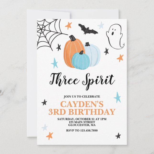 Halloween Three Spirit 3. Geburtstag Blue Pumpkins Einladung (Vorderseite)