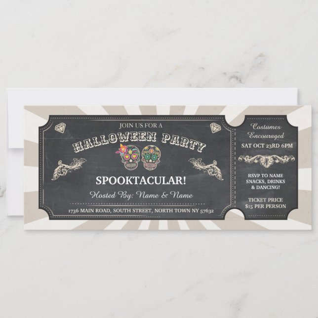 Halloween Ticket Sugar Skulls Party Spooky Event Einladung (Vorderseite)