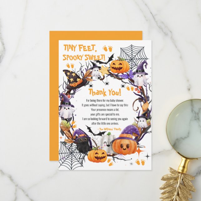 Halloween Tiny Feet, sprichwörtlich süße Babydusch Dankeskarte (Vorderseite/Rückseite Beispiel)