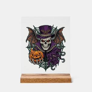 Halloween-Totenkopf-Zylinder-Fledermausflügel-Kürb Acrylschild