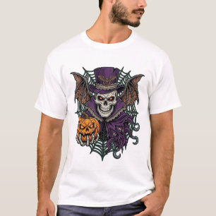 Halloween-Totenkopf-Zylinder-Fledermausflügel-Kürb T-Shirt