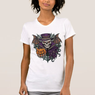 Halloween-Totenkopf-Zylinder-Fledermausflügel-Kürb T-Shirt