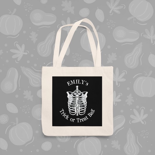 Halloween Trick oder behandeln Beängstigende, spöt Tragetasche (Halloween skeleton trick or treat bag with spooky design for kids and fall celebrations.)