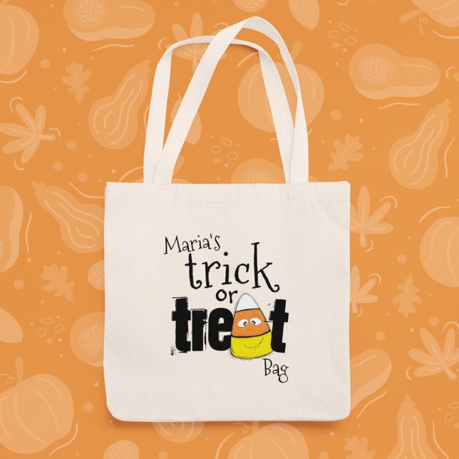 Halloween Trick oder behandeln Niedliche Candy-Mai Tragetasche (Cute Halloween candy corn trick or treat tote bag with playful script design.)