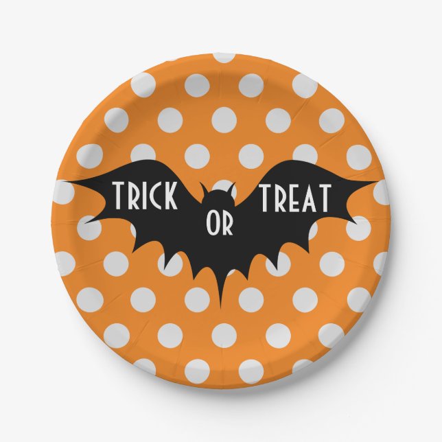 Halloween-Trick oder Orangenpolka-Punkte Pappteller (Vorderseite)