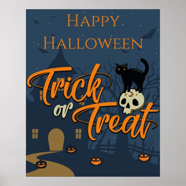 Halloween Trick oder Treat Black Cat and Skull Poster (Vorne)