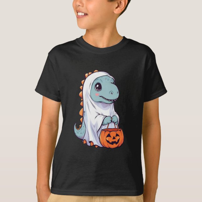 Halloween Trick oder Treat Dinosaur T-rex Ghost T-Shirt (Vorderseite)