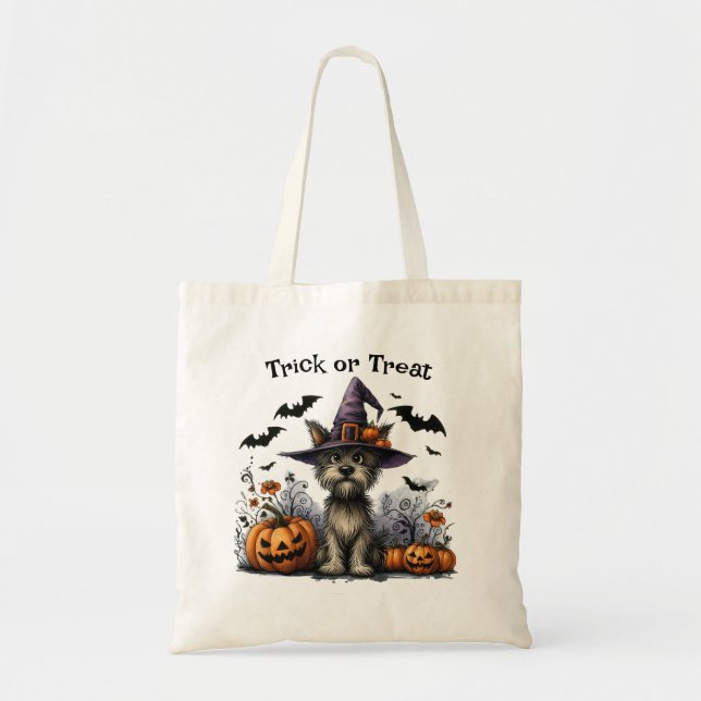 Halloween Trick oder Treat Hund in einem Hexenhut Tragetasche (Vorne)