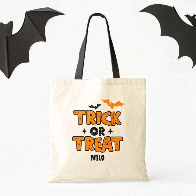 Halloween Trick oder Treat Kids Tasche Candy Bag (Customizable trick or treat tote bag. Says "Trick or Treat" with orange and black bats. )