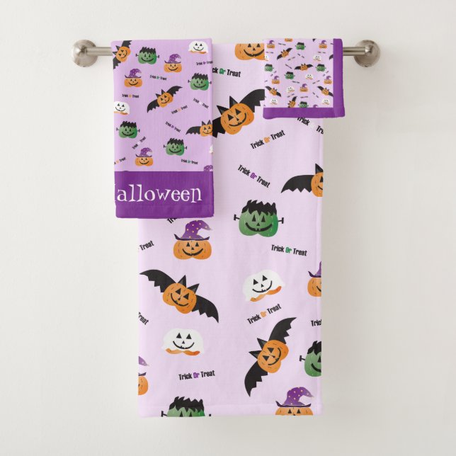 Halloween Trick oder Treat Pumpkin-Muster Lila Badhandtuch Set (Insitu)
