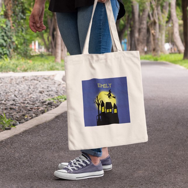 Halloween Trick oder Treat Spuk House Hexenmond Tragetasche (Halloween haunted house witch moon trick or treat tote bag with spooky design.)