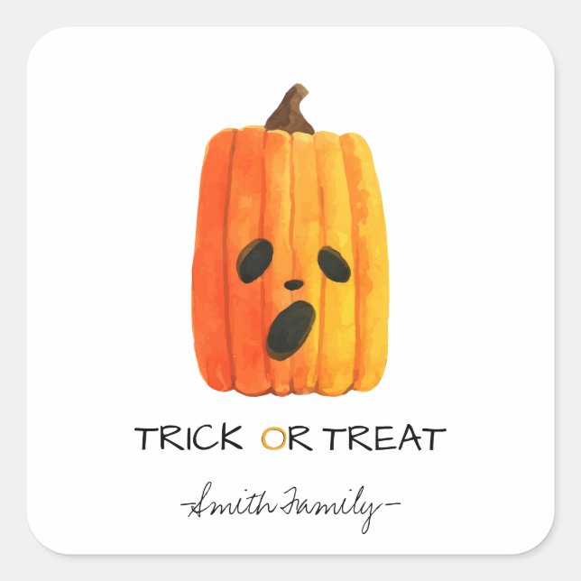 Halloween Trick oder Treat Watercolor Pumpkin Kids Quadratischer Aufkleber (Vorderseite)