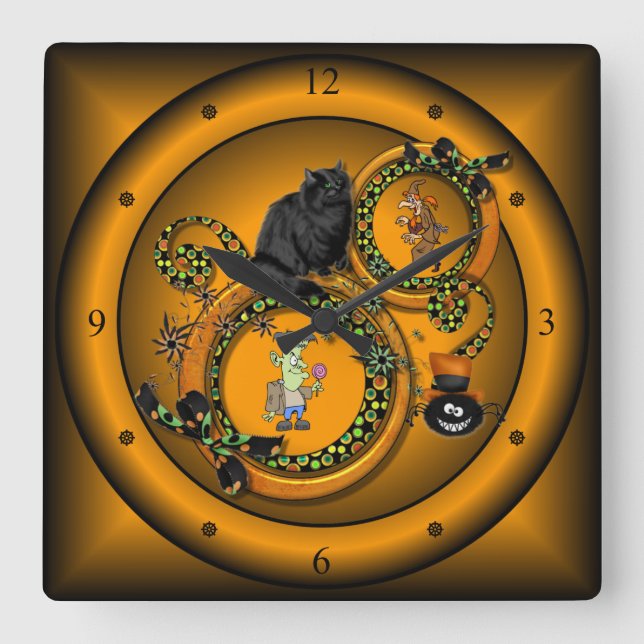 Halloween ~ Trick Or Treat ~ Black Cat ~ Witch ~ Quadratische Wanduhr (Vorderseite)