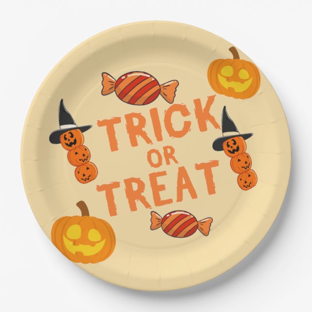 Halloween "Trick or Treat" Papier Teller mit Pumpk (Vorderseite)