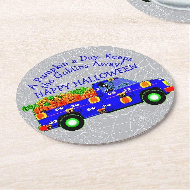 Halloween Truck Pumpkin Day Behalte Goblins weg Runder Pappuntersetzer (Angewinkelt)