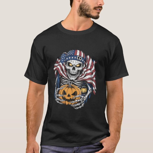 Halloween Tshirt crâne Drapeau américain Horreur d (Devant)