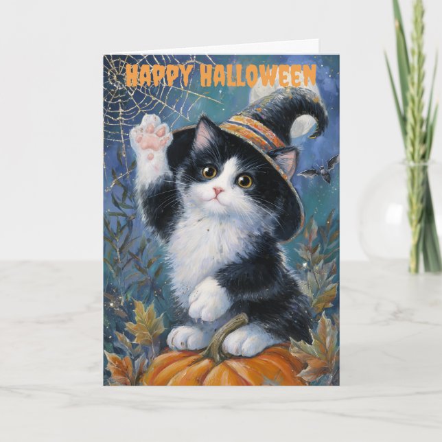Halloween Tuxedo Cat Feiertagskarte (Vorderseite)
