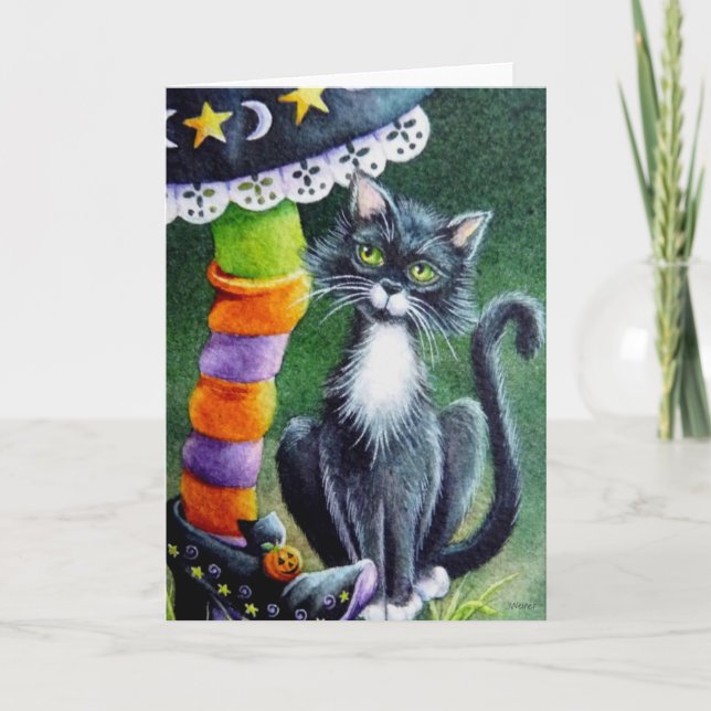 Halloween Tuxedo Cat & Hexenwasserkunst Karte (Vorderseite)