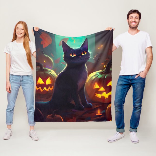 Halloween Tuxedo Katze mit Pumpkins Beängstigend Fleecedecke (Beispiel)