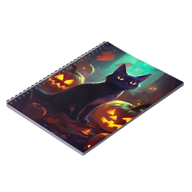 Halloween Tuxedo Katze mit Pumpkins Beängstigend Notizblock (Linke Seite)