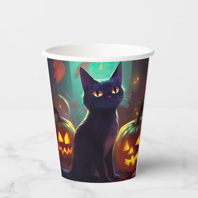 Halloween Tuxedo Katze mit Pumpkins Beängstigend Pappbecher (Vorderseite)