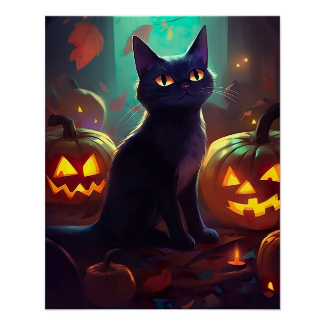 Halloween Tuxedo Katze mit Pumpkins Beängstigend Poster (Vorderseite)