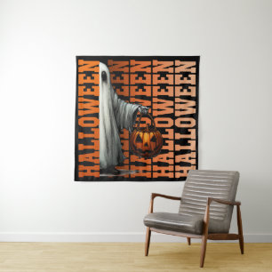Halloween-Typografie coole Geist-Kürbis-Geschenkid Wandteppich