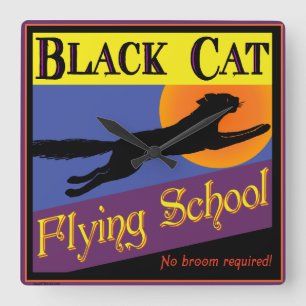 Halloween-Uhr der Black Cat Flying School Quadratische Wanduhr