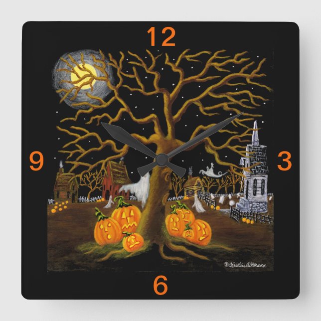 Halloween,Uhr,Geister,Jack-O-Lanterns,Gräber Quadratische Wanduhr (Vorderseite)