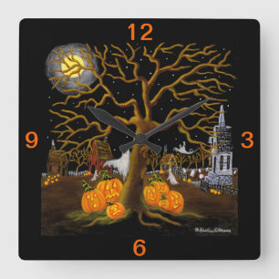 Halloween, Uhr, Geister, Kürbislaternen, Gräber Quadratische Wanduhr