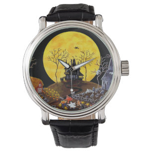 Halloween, Uhren, Geister, Friedhof, Katzen, Hexe Armbanduhr