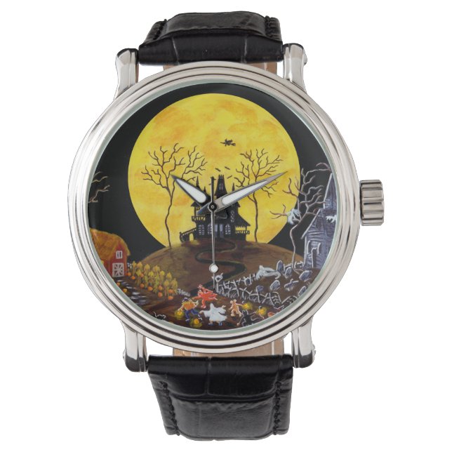 Halloween, Uhren, Geister, Friedhof, Katzen, Hexe Armbanduhr (Vorderseite)