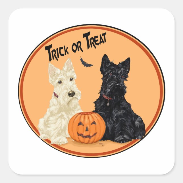 Halloween und Black Scottish Terriers Quadratischer Aufkleber (Vorderseite)