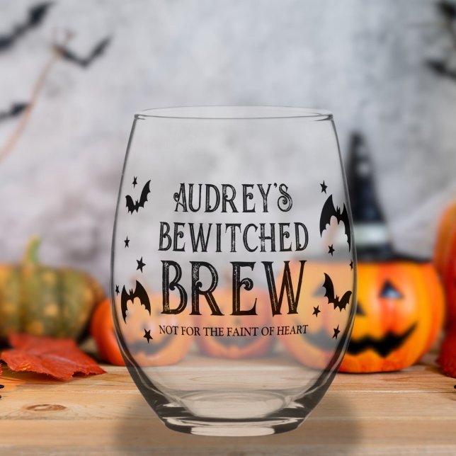 Halloween und Brotflechte Weinglas Ohne Stiel (Bewitched Brew Bats and Stars Halloween Stemless Wine Glass)