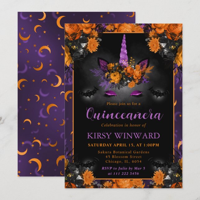 Halloween Unicorn-Gesicht Quinceanera Einladung (Vorne/Hinten)