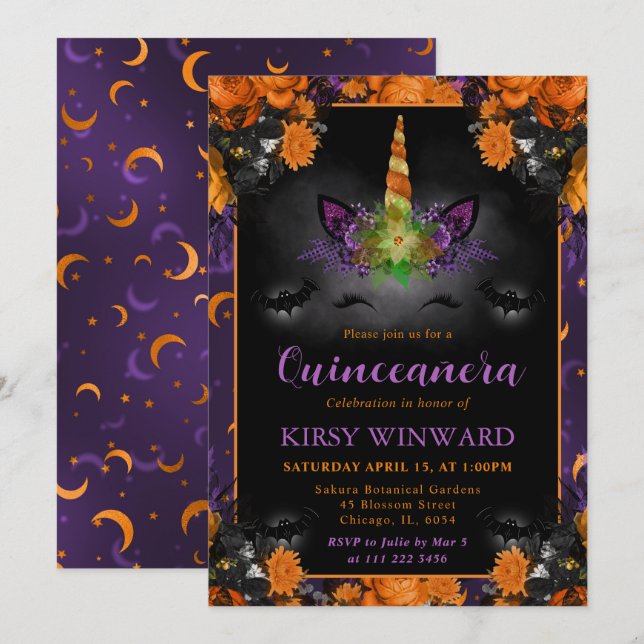 Halloween Unicorn-Gesicht Quinceanera Einladung (Vorne/Hinten)