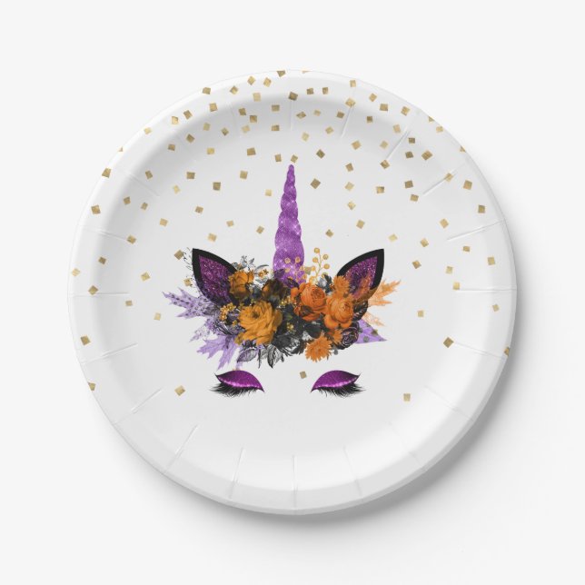Halloween Unicorn Lila Glitzer Party Pappteller (Vorderseite)