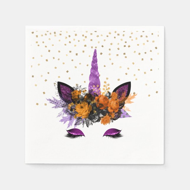 Halloween Unicorn Lila Glitzer Party Serviette (Vorderseite)