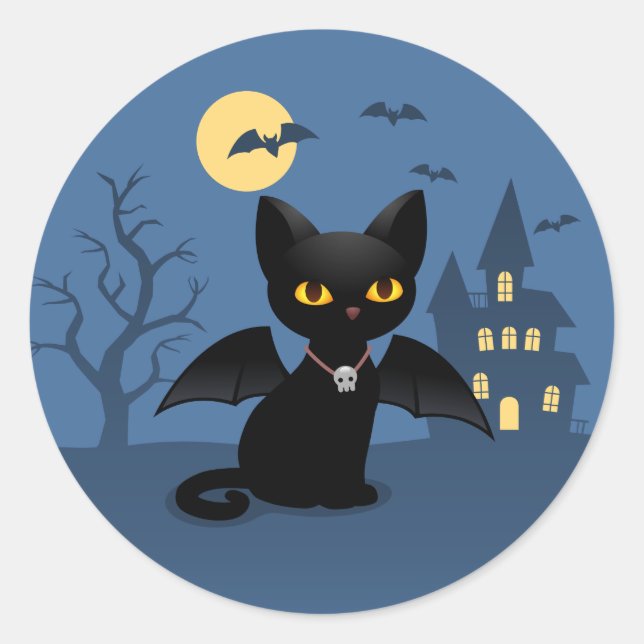 Halloween Vampire Black Cat mit Flügeln Runder Aufkleber (Vorderseite)