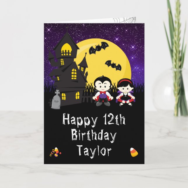 Halloween Vampires Lila Happy Birthday Karte (Vorderseite)