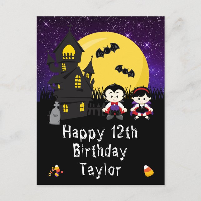 Halloween Vampires Lila Happy Birthday Postkarte (Vorderseite)