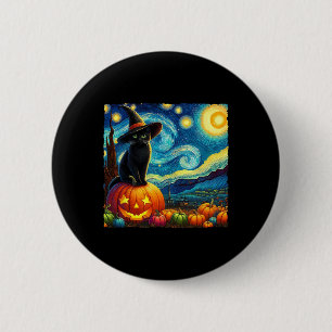 Halloween Van Gogh Starry Night Black Cat Hexa Ha Button