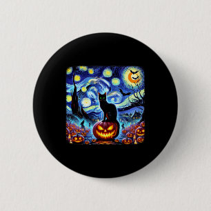 Halloween Van Gogh Starry Night Black Cat Pumpkins Button