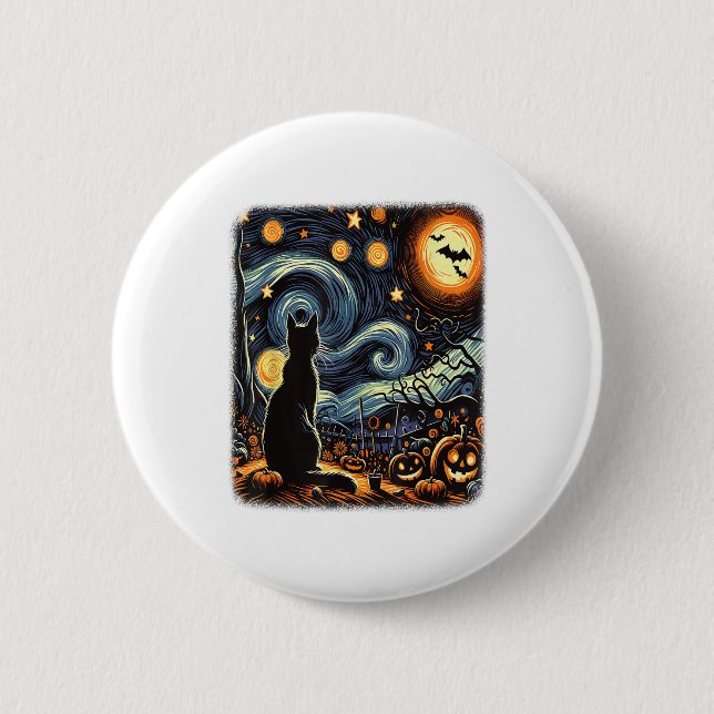 Halloween Van Gogh Starry Night Black Cat Pumpkins Button (Vorderseite)
